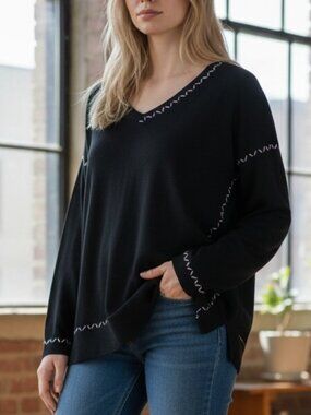 LISA TODD ( S ) Onyx Think Twice Cotton WhipStitch V-Neck Sweater